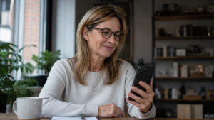 Woman with hearing aid reading captions on her mobile phone during a call