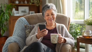 Smiling older woman in an armchair with a cup of tea, looking at real-time captions on the phone screen in her hand.