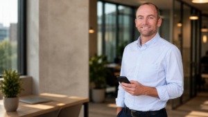 Olivier Jeannel in Office with a mobiel phone in hand