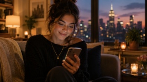 Young woman dating with hearing loss looks at captioned call on her phone screen while getting ready for a date.