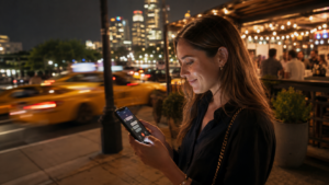 Young woman outside a crowded bar at night using captioned calling on her smartphone to read the call