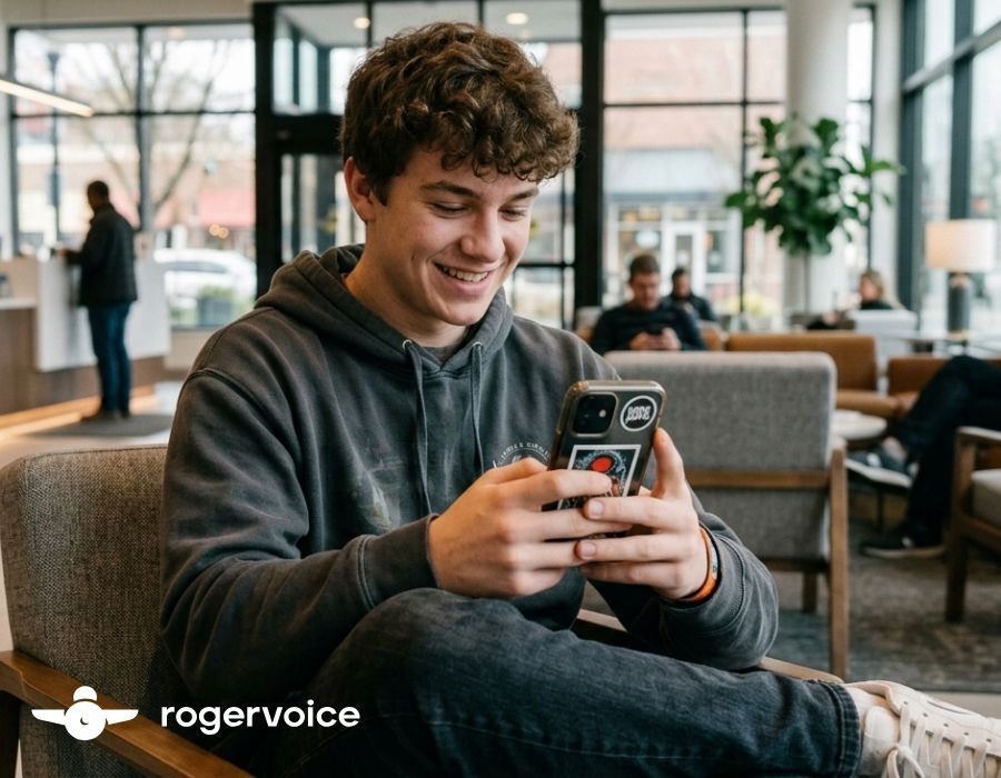 A young man smiling while reading text on his smartphone in a modern lounge area.