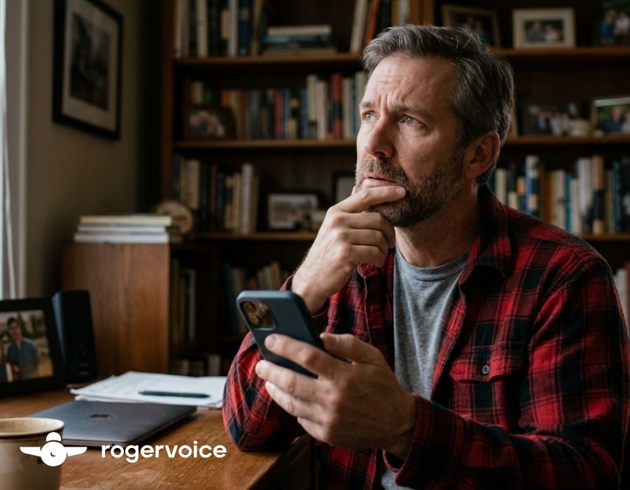 A thoughtful man in a red plaid shirt holding his smartphone at a desk, learning how to use a caption phone.