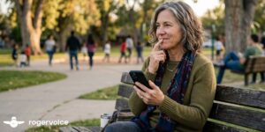 A thoughtful mature woman with grey hair sitting on a wooden park bench, holding her smartphone with one hand while touching her chin, with a sunny, blurred park background and the Rogervoice logo in the bottom-left corner.