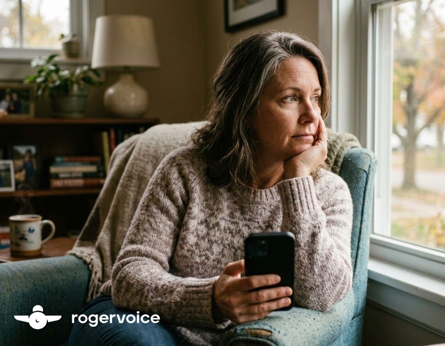 A senior woman sitting in an armchair by a window, holding a smartphone.