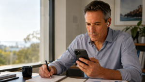 A man reads live captions on a smartphone held in front of him during a work call