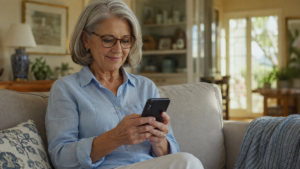 Older woman reading live captions on the smartphone she holds in front of her during a call at home.