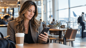 Business traveler sitting in an airport café, looking at her smartphone while a takeaway coffee sits on the table beside her.