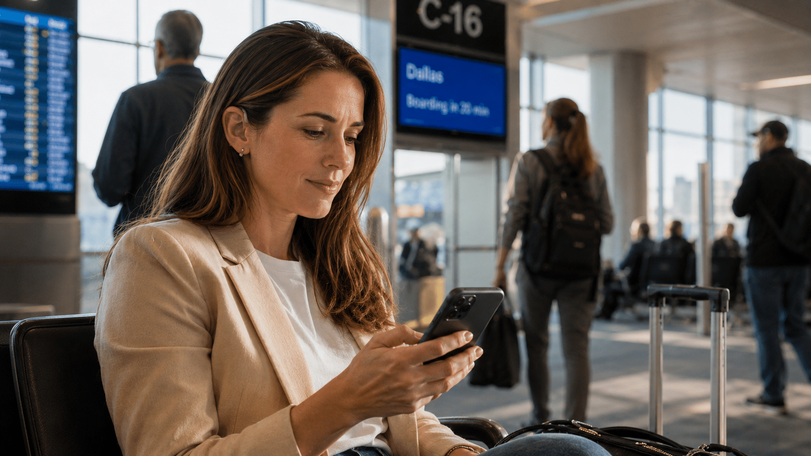 Businesswoman at an airport gate reading live phone captions instead of holding the phone to her ear