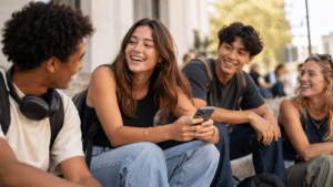 Friends Laughing Together on City Steps