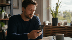 Man checking phone conversation captions before answering an unknown call outdoors