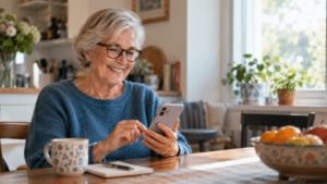 Older woman at her kitchen table making a phone call, smartphone held in front of her, reading the screen as she talks.