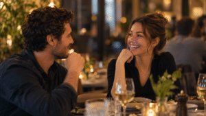 Two people talking face to face across a quiet restaurant table, relaxed and attentive to each other.
