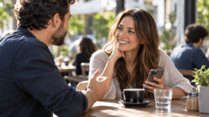 Two people talking face-to-face, one holding a smartphone with live captions during the conversation.
