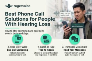 An infographic by Rogervoice titled "Best Phone Call Solutions for People with Hearing Loss" featuring a man using a phone on a busy street, highlighting three solutions: live call captioning, type-to-speak, and voicemail transcription.