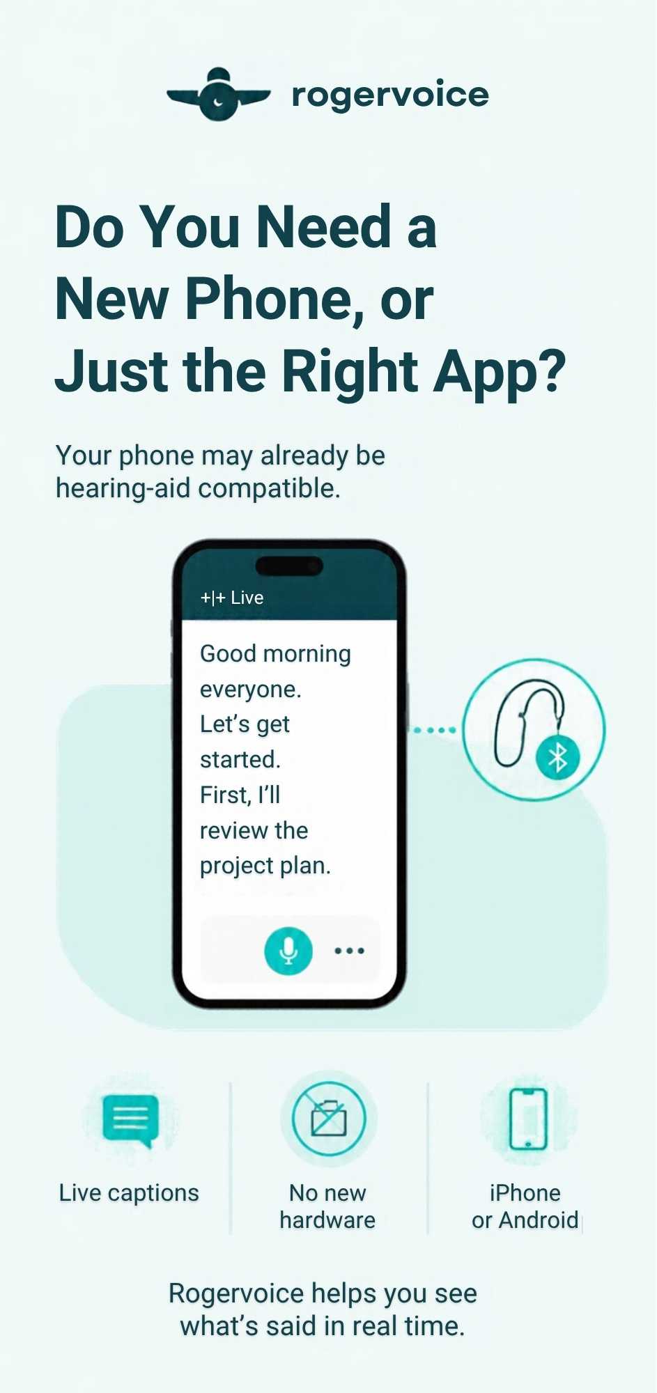 A vertical infographic by Rogervoice titled "Do You Need a New Phone, or Just the Right App?," illustrating a smartphone displaying live call captions wirelessly connected to a hearing aid icon.