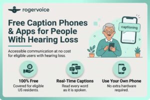 An infographic titled "Free Caption Phones & Apps for People With Hearing Loss" featuring a smiling older man holding a smartphone. It includes three icons highlighting key benefits: "100% Free," "Real-Time Captions," and "Use Your Own Phone."