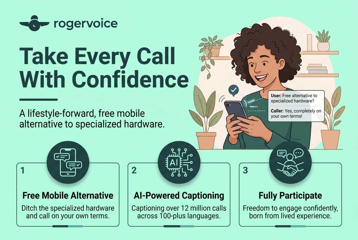 An infographic by Rogervoice titled "Take Every Call With Confidence" against a light green background, featuring an illustration of a woman using a phone, showcasing its benefits as a free mobile alternative, AI-powered captioning, and fully participating in conversations.