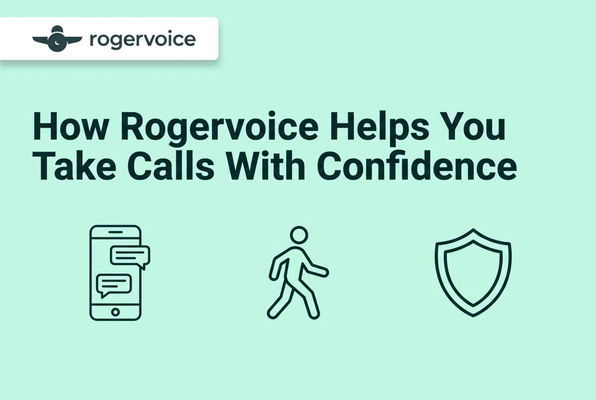 A minimalist infographic by Rogervoice on a mint green background titled "How Rogervoice Helps You Take Calls With Confidence," featuring three dark teal icons representing accessible communication: a smartphone with chat bubbles, a person walking for mobile independence, and a security shield.