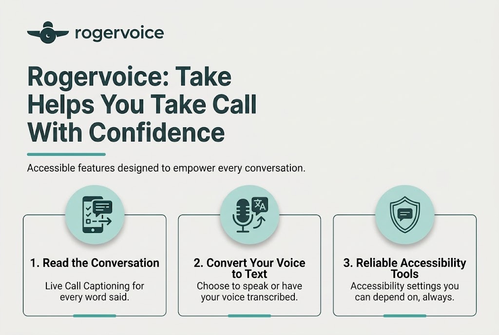 An infographic by Rogervoice titled "Rogervoice: Helps You Take Calls With Confidence," with a subtitle reading "Accessible features designed to empower every conversation.". The graphic highlights three accessible communication features with corresponding icons: 1. Read the Conversation (Live Call Captioning for every word said); 2. Convert Your Voice to Text (Choose to speak or have your voice transcribed); and 3. Reliable Accessibility Tools (Accessibility settings you can depend on, always). 