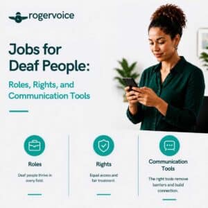 An infographic by Rogervoice titled "Jobs for Deaf People: Roles, Rights, and Communication Tools". It features a smiling woman looking at her smartphone. Below the photo are three text sections with icons: a briefcase icon for "Roles" stating that deaf people thrive in every field, a shield icon for "Rights" emphasizing equal access and fair treatment, and a speech bubble icon for "Communication Tools" explaining that the right tools remove barriers and build connection.