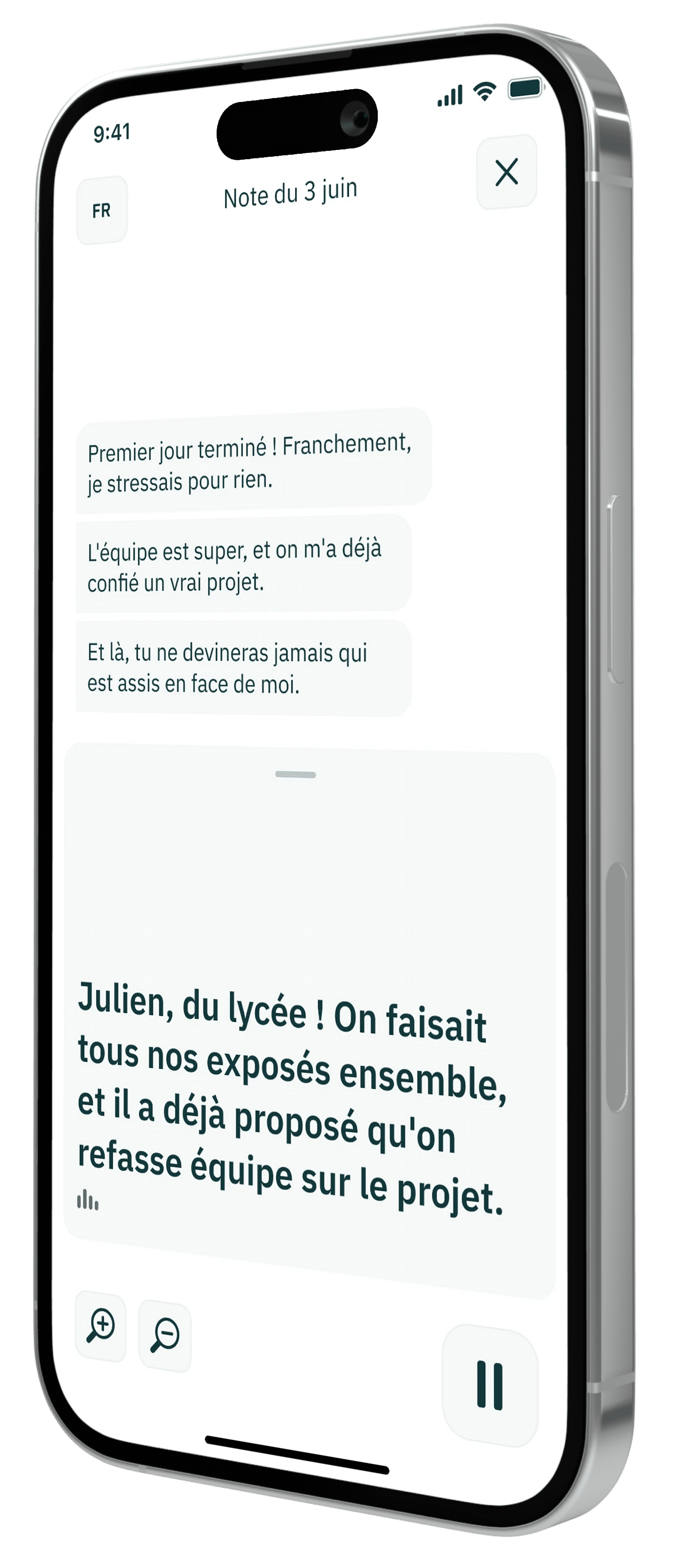 Application Rogervoice affichant le sous-titrage en temps réel d'une conversation en face à face